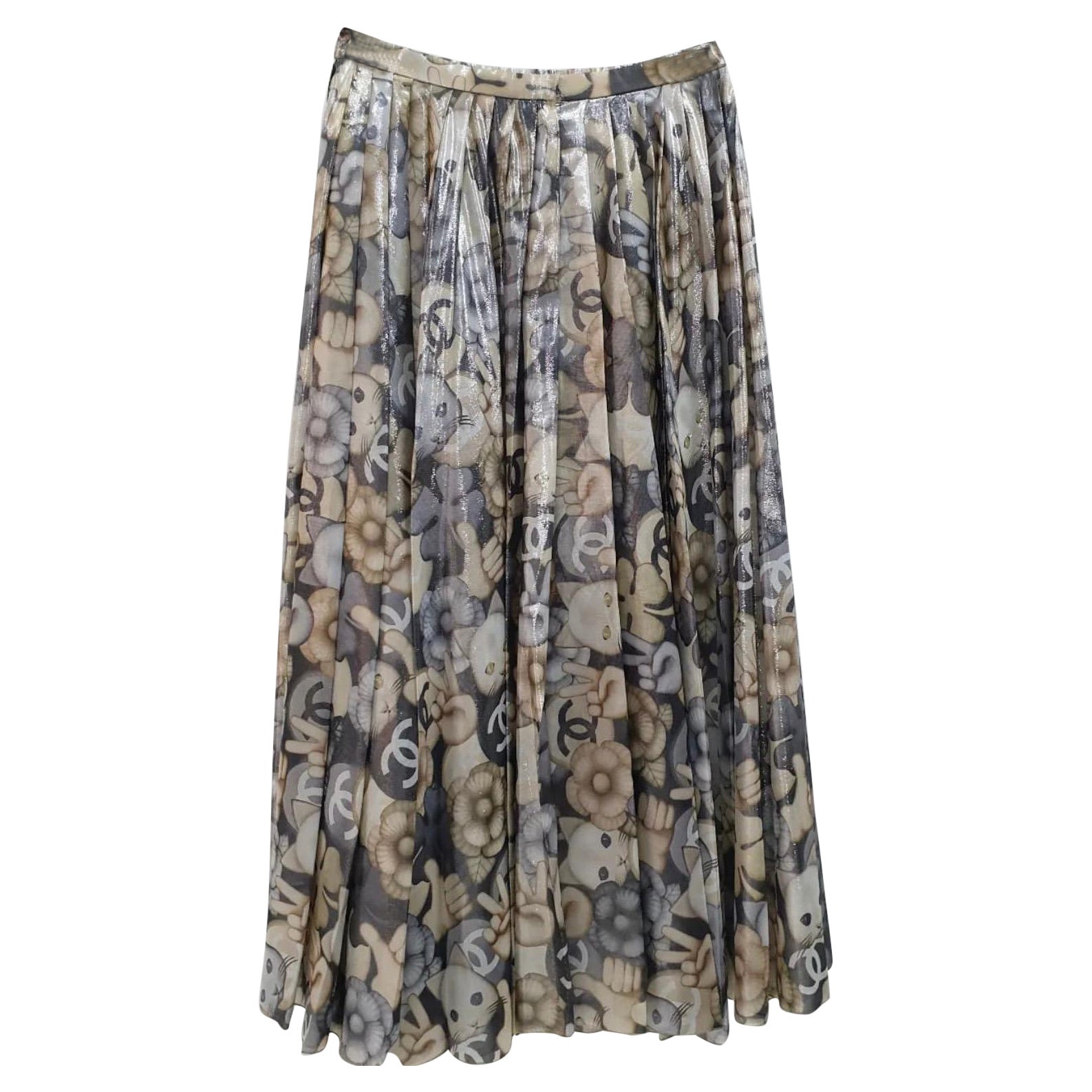 Chanel 2016 Silk Pleated  Midi Cat Skirt