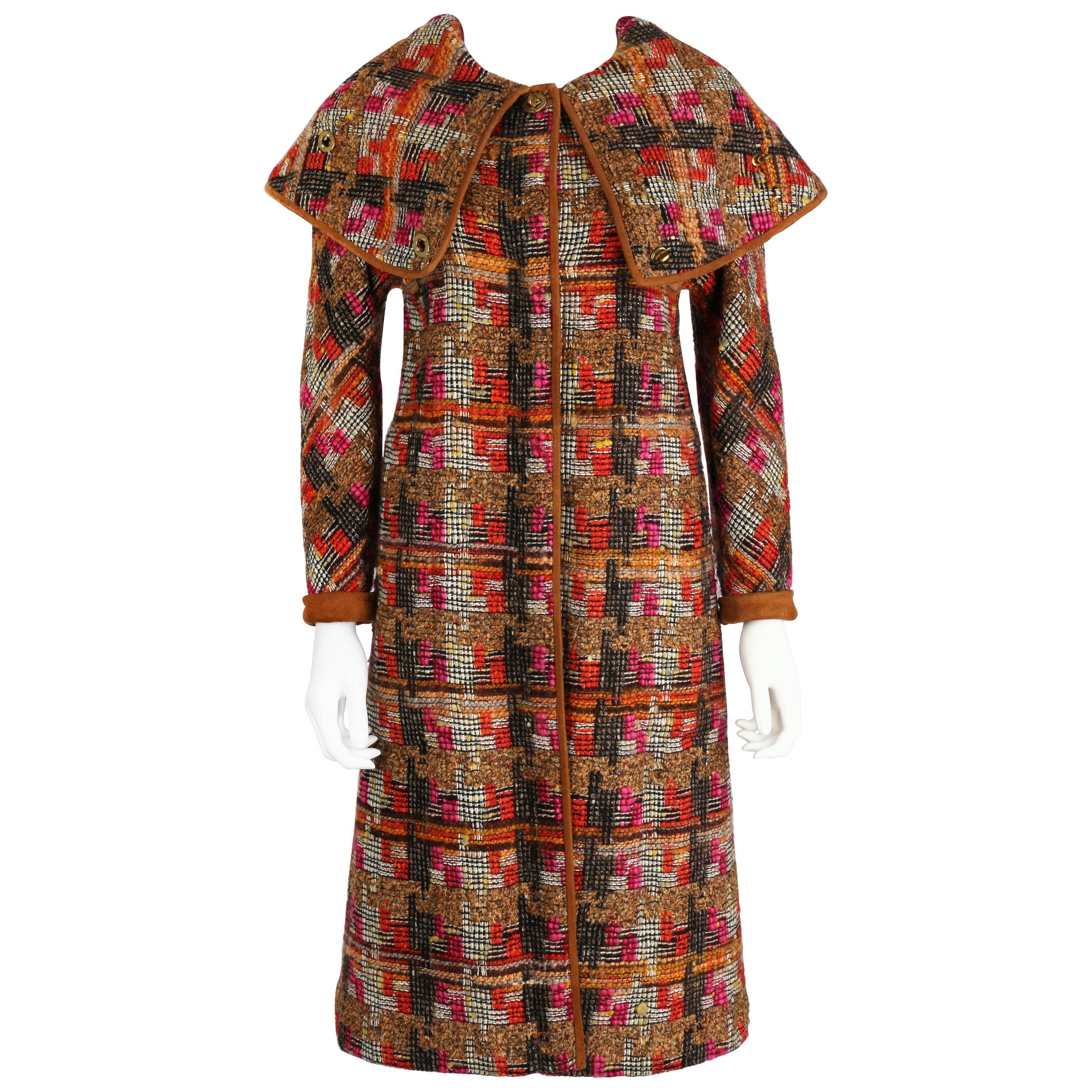 BONNIE CASHIN 1960s SILLS Multi-color Tweed Suede Long Cape Coat Size XS / S