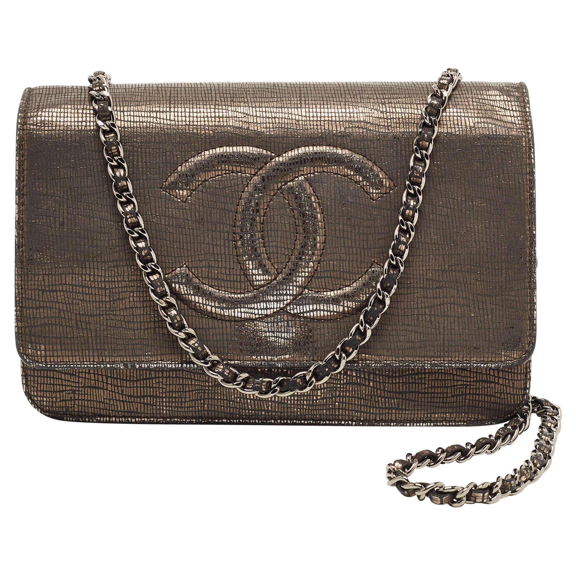 Chanel Silver Shimmer Suede CC Timeless Wallet on Chain