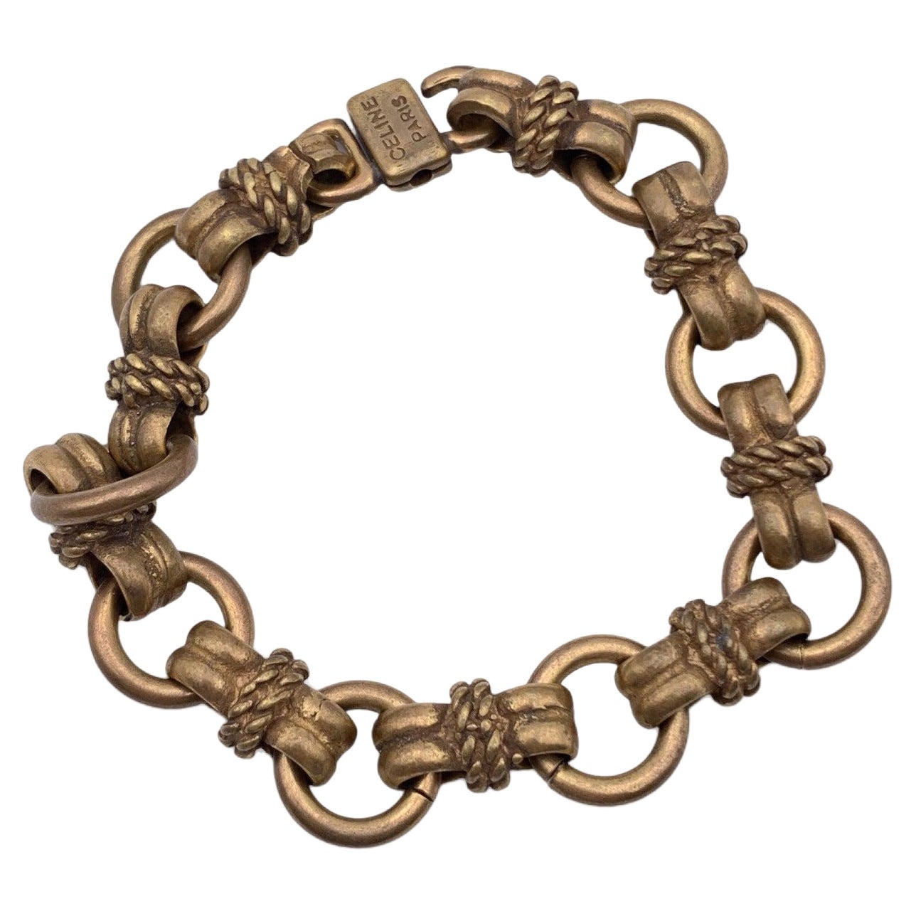 Celine Vintage Antiquated Gold Metal Chain Link Bracelet For Sale