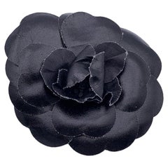 Chanel Vintage Black Canvas Camelia Flower Camellia Pin Brooch