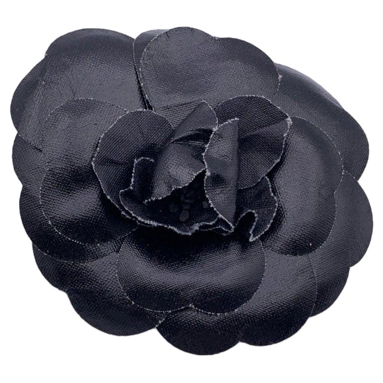 Chanel Vintage Black Canvas Camelia Flower Camellia Pin Brooch