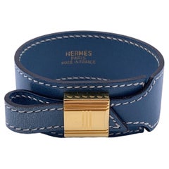 Hermes Vintage Blue Leather Artemis Bracelet Gold Metal Buckle
