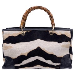 Gucci Black White Beige Leather Tiger Pattern Bamboo Top Handle Bag