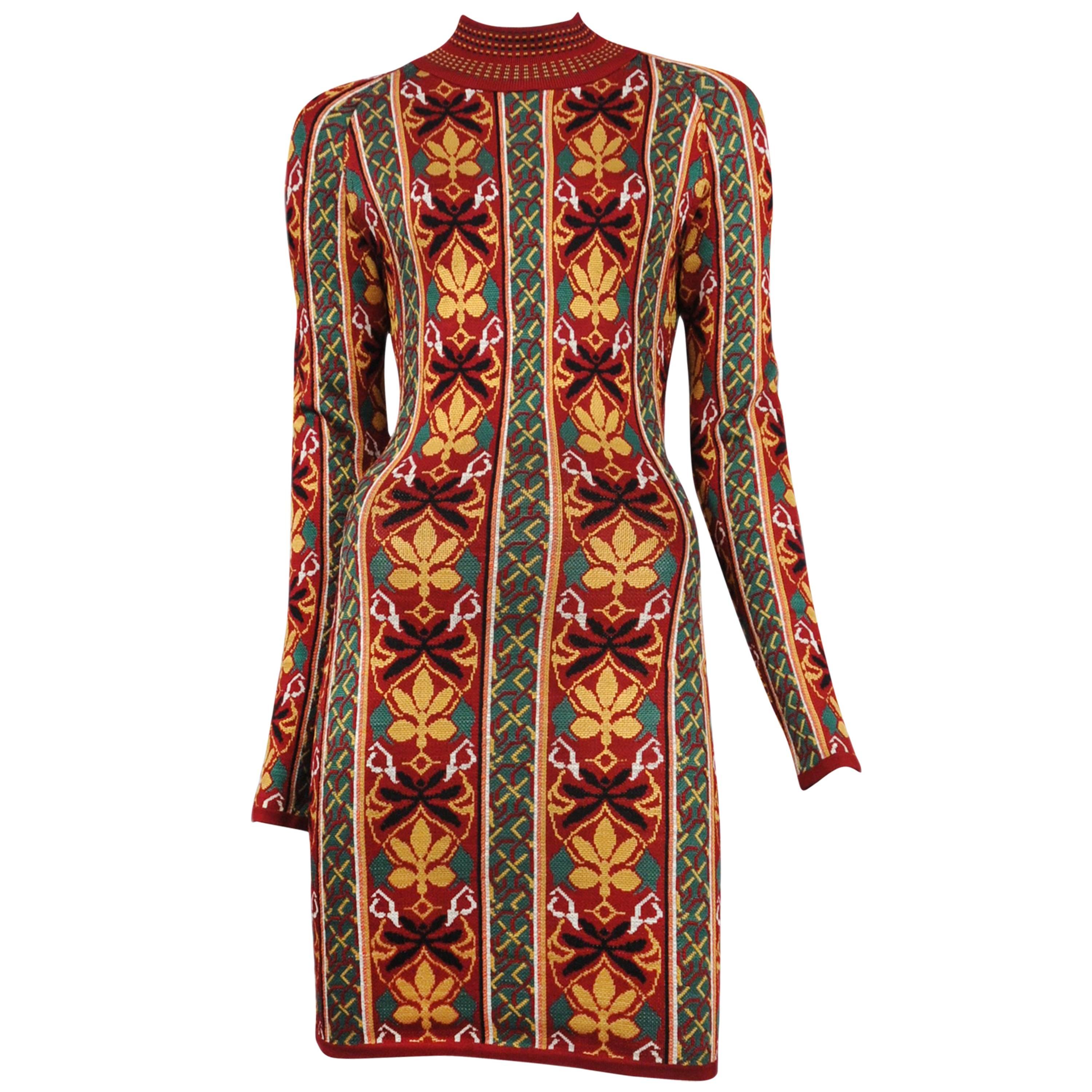 Vintage Azzedine Alaia red, gold and green floral pattern knit body con dress featuring a mock turtleneck and long sleeves.
Please inquire for additional images.