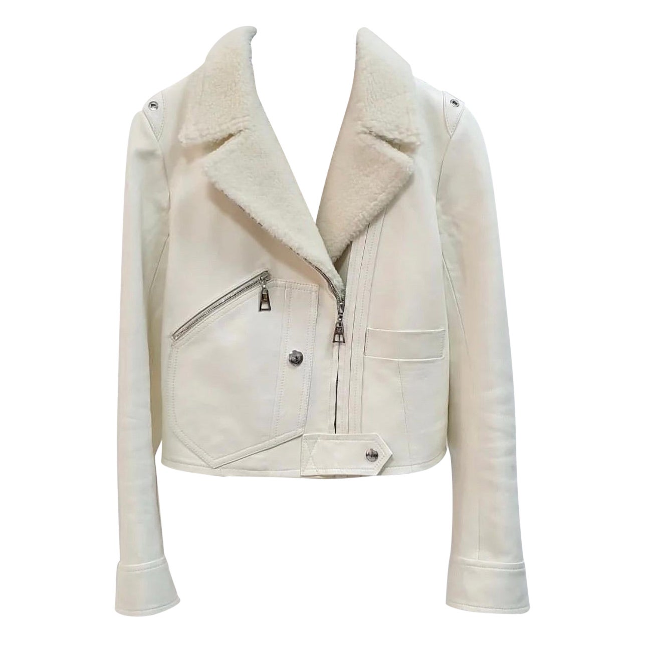 Louis Vuitton Fur Collar Ivory Leather Biker Jacket