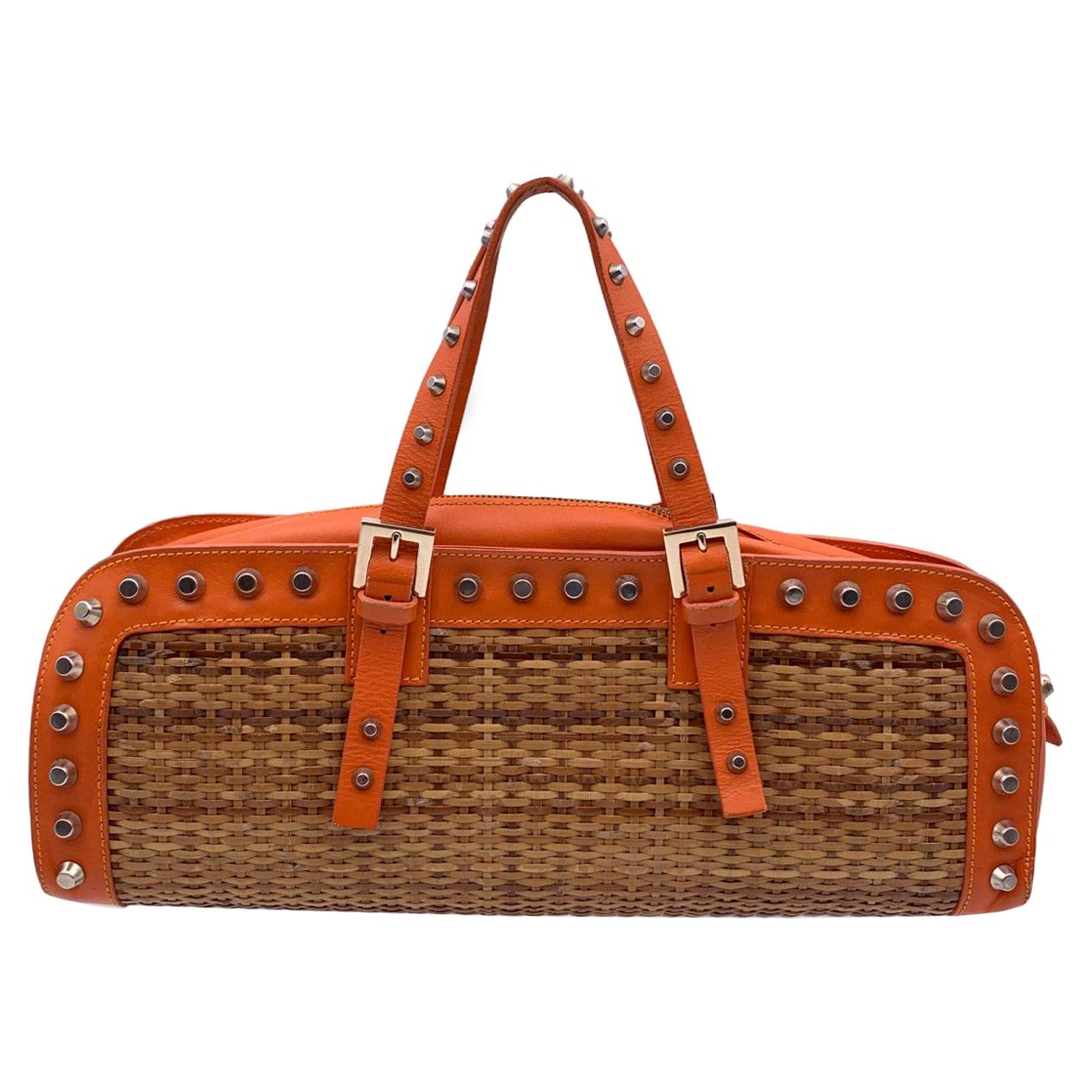 Fendi Wicker and Orange Leather Studded Tote Handbag Satchel For Sale
