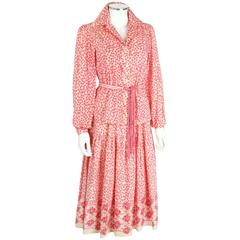 OSCAR de la RENTA 1970s Ivory Pink Floral Cotton Sundress Top Scarf Belt Set 6 12