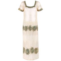 COUTURE Edwardian c.1910's Ivory Floral Embroidered Beaded Mesh Tabard Overdress 4