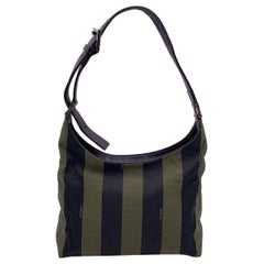 Fendi Green and Black Striped Pequin Canvas Small Hobo Bag