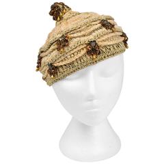 Vintage Gladys and Belle Neutral Metallic Ribbon Knit Hat.