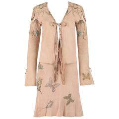 ROBERTO CAVALLI 2 Pc Tan Beige Suede Leather Butterfly Fringe Jacket Skirt XS S 5