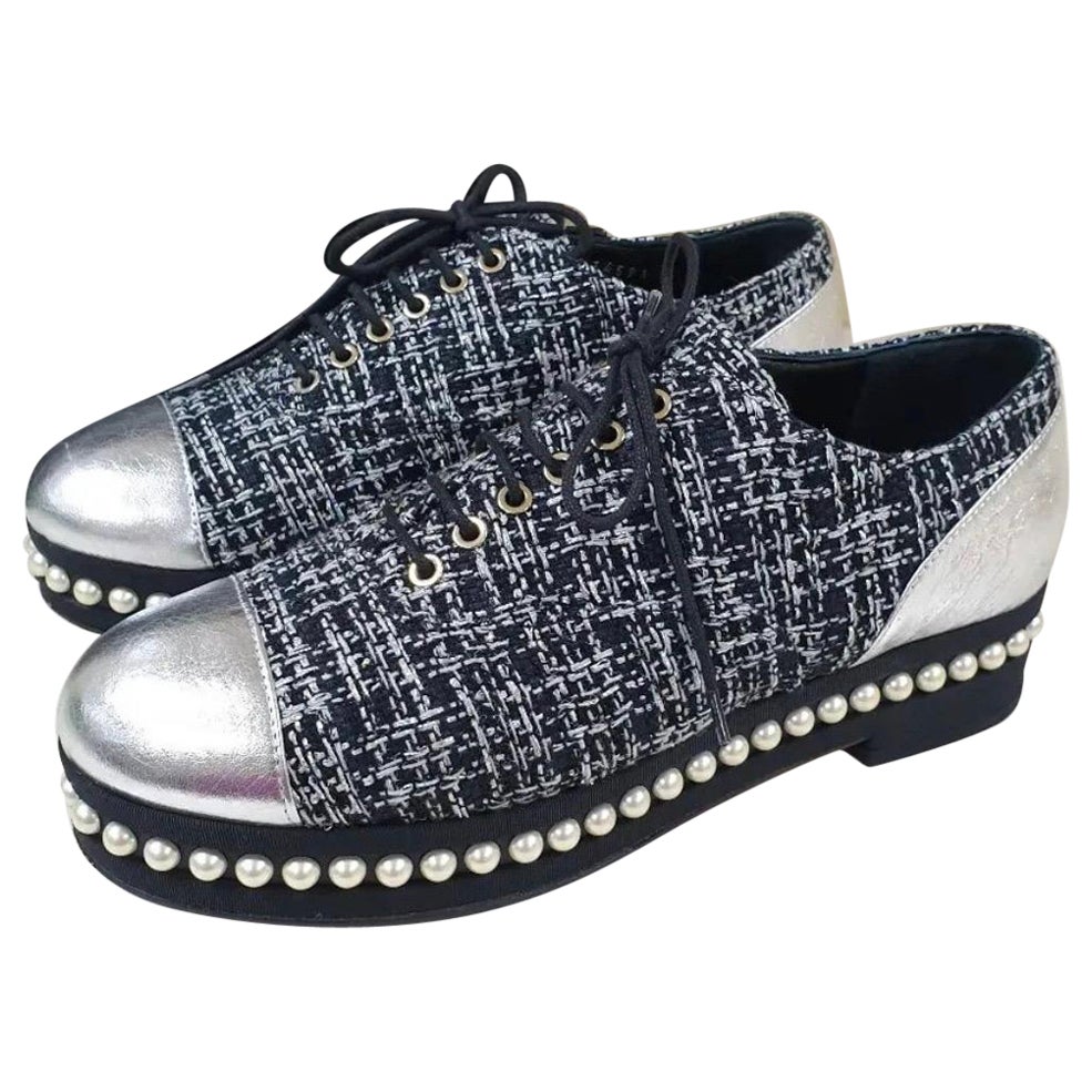 Chanel Black Silver Tweed Pearl Lace Up Oxford For Sale