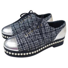Chanel Black Silver Tweed Pearl Lace Up Oxford