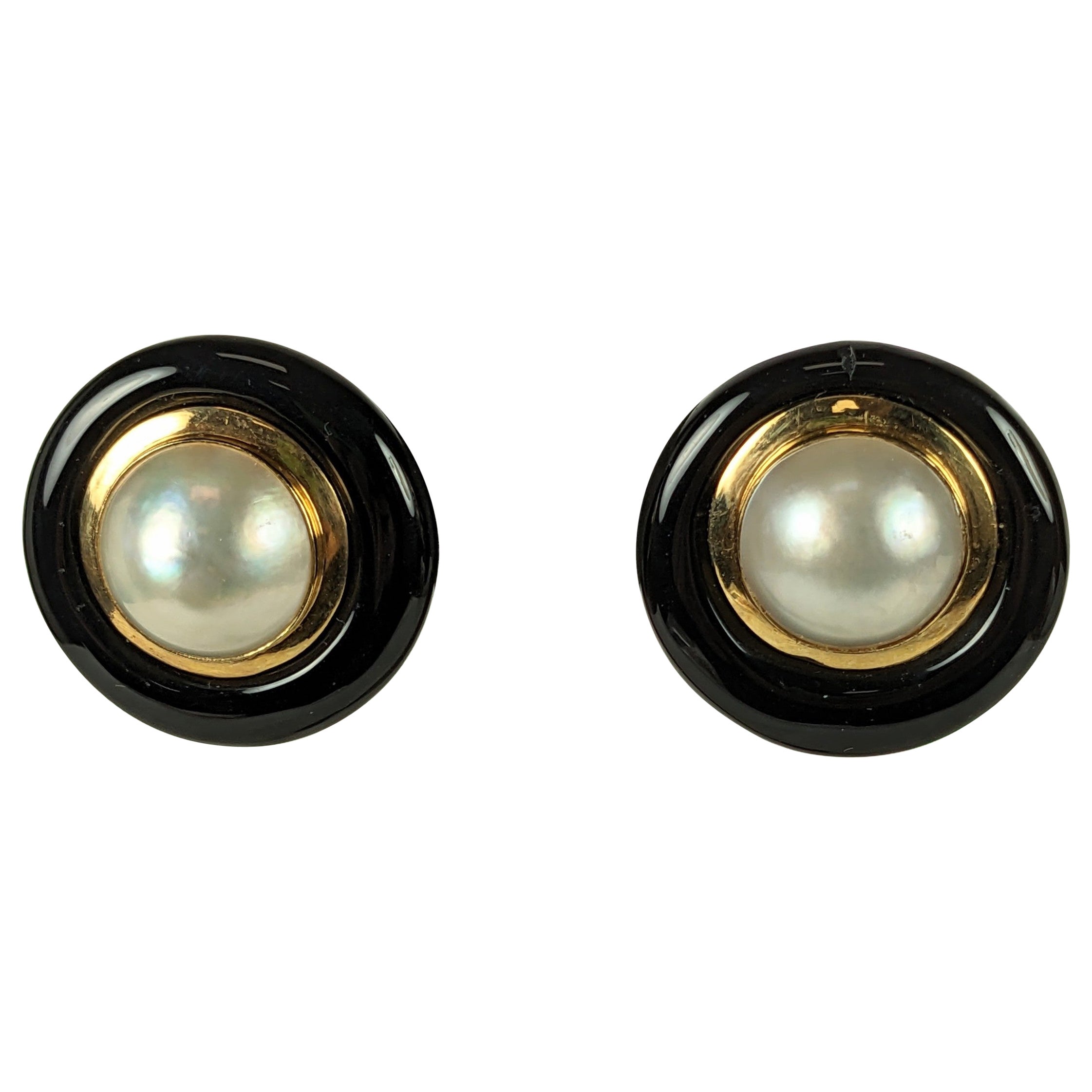 Maz Mabe Pearl and Onyx Earrings For Sale