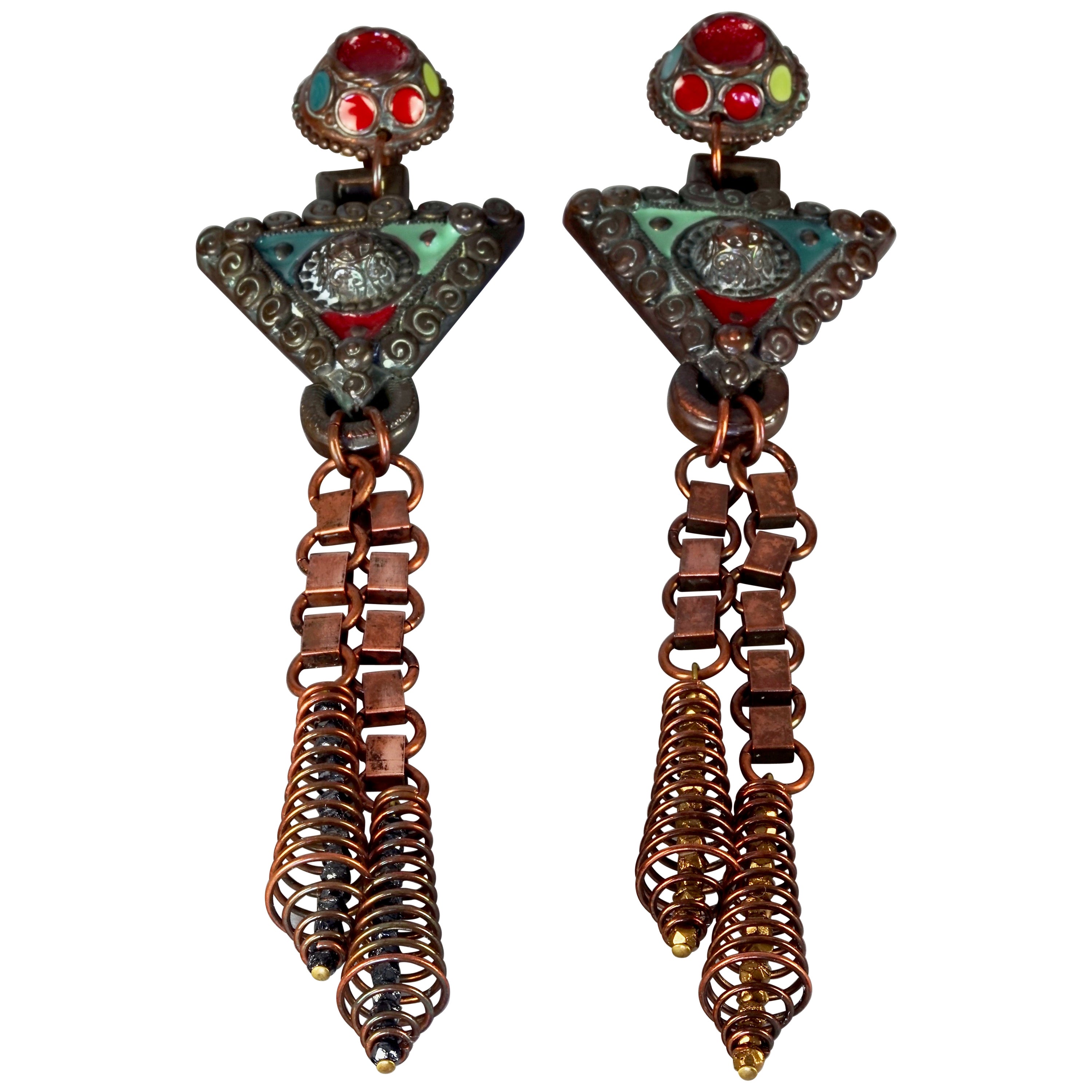 Vintage Massive JEAN PAUL GAULTIER Ethnic Tribal Enamel Bronze Long Earrings For Sale