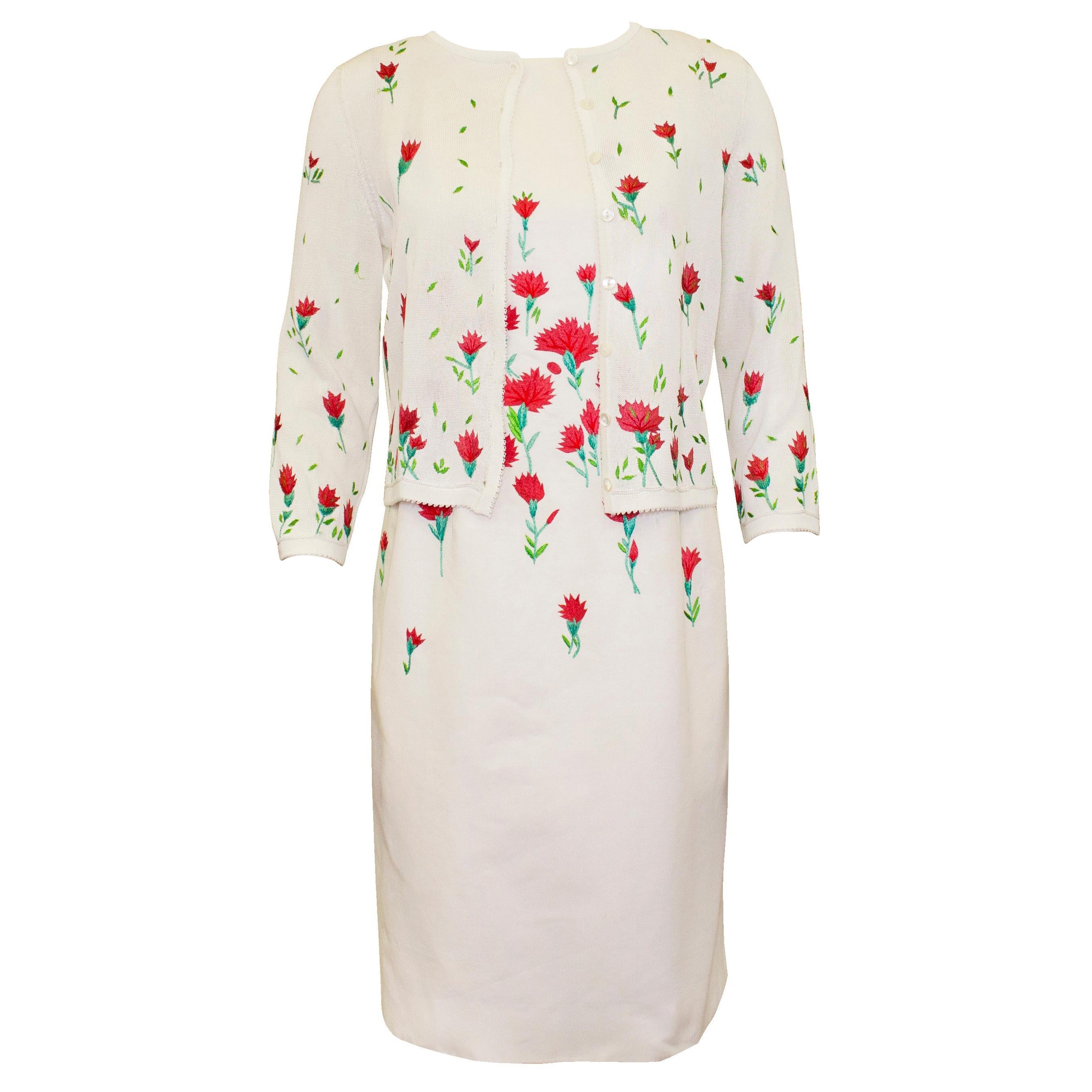 Early 2000s Oscar de la Renta Carnation Embroidered Dress and Cardigan Ensemble  For Sale