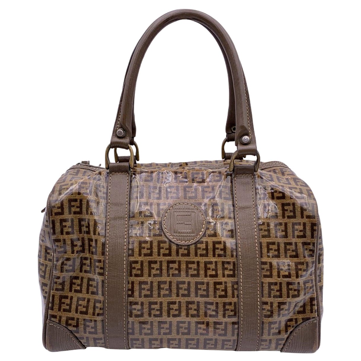 Fendi Vintage Brown Monogram Vinyl Canvas Boston Bag Handbag