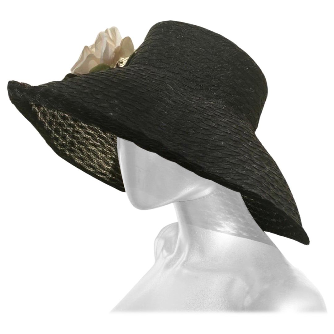 Eric Javits Black Woven “Breakfast at Tiffany’s” Glamour Hat with Rose For Sale