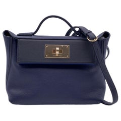 Hermes Midnight Blue Black Leather 24/24 Handbag with Strap 21 cm