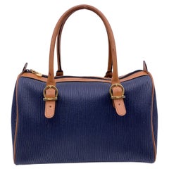 Salvatore Ferragamo Used Blue Textured Canvas Boston Bag Handbag
