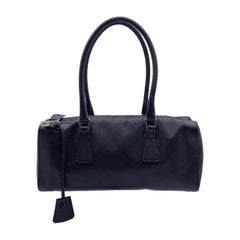 Prada Black Leather Barrel Top Handles Bag Handbag