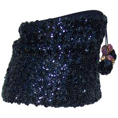 Vintage Glam 1940's Henry Pollak Black Sequin Turban Hat With Pom Poms