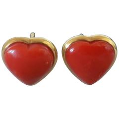 18kt Gold Red Coral Heart Earrings