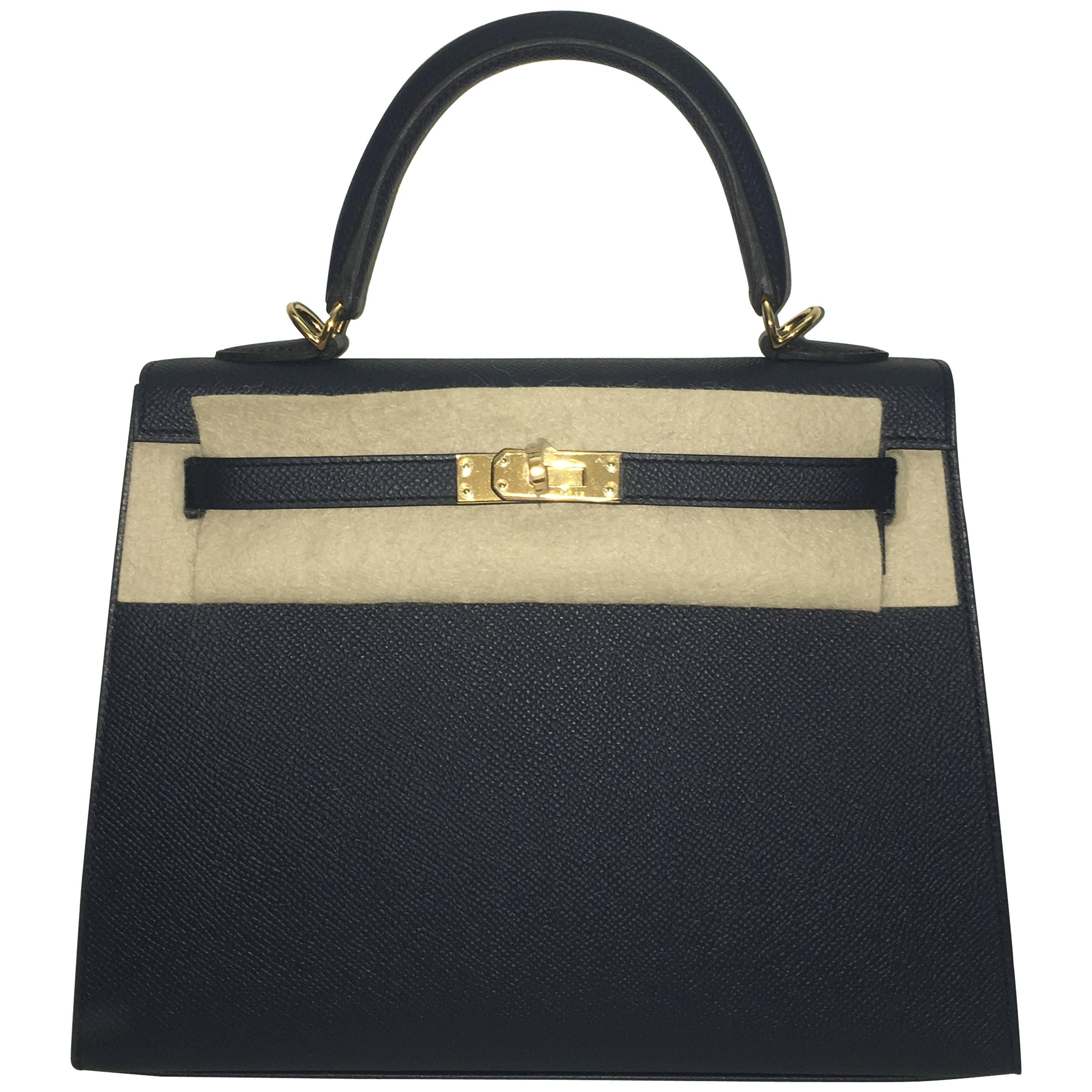 Brand New Hermes Kelly 25 Blue Indigo Epsom GHW For Sale