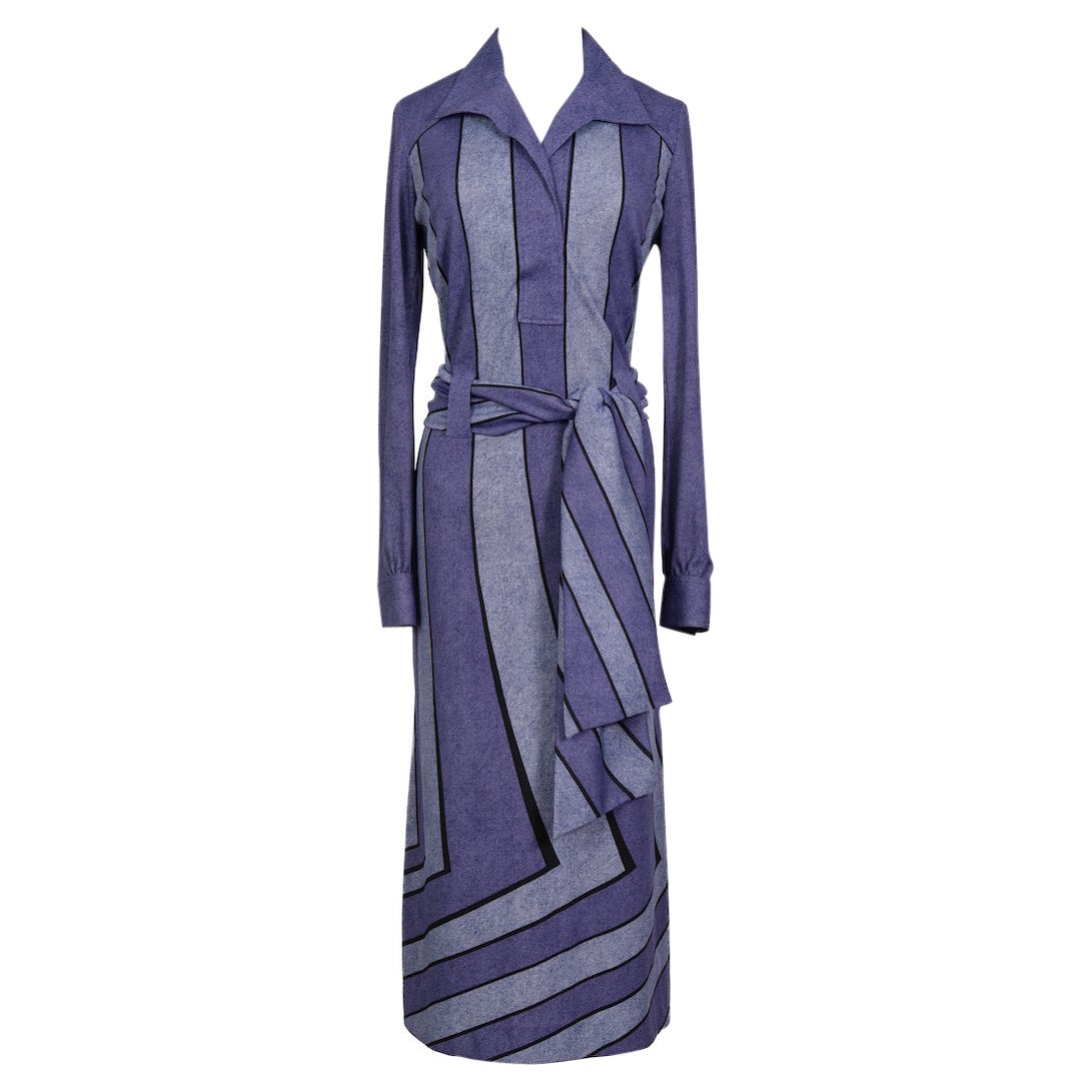 1976 Roberta di Camerino “Gabbiano“ Violet Trompe l'Oeil Print Belted Dress For Sale