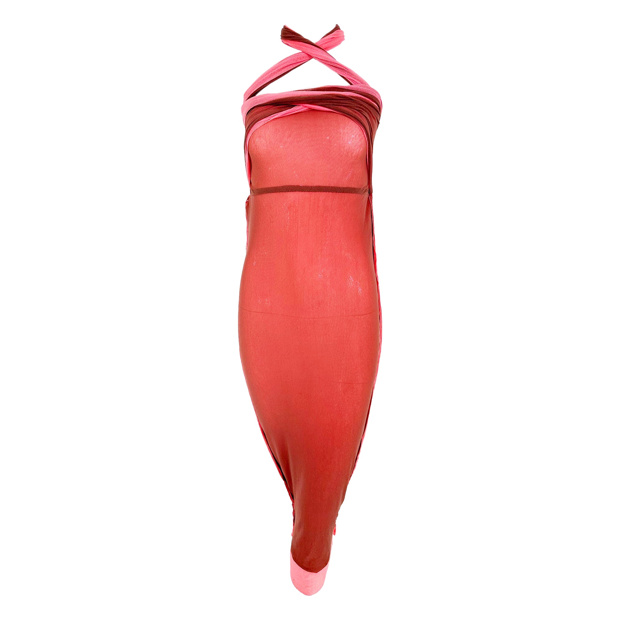 Jean Paul Gaultier Maille Coral & Brown Sheer Mesh Tie Tube Dress For Sale