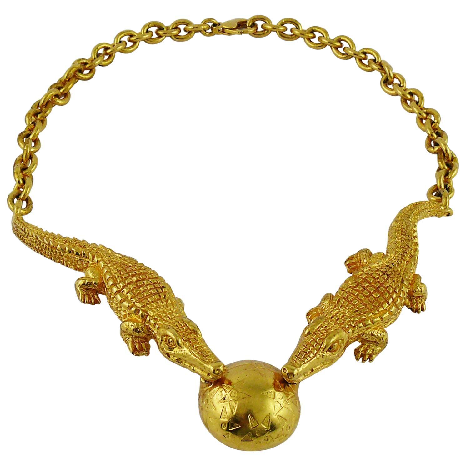 Celine Vintage Rare 1991 Gold Plated Crocodile Necklace