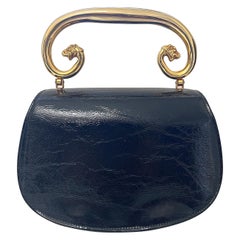1960s Susan Tyler Black Patent Leather Lion Handle Large Vintage 60s Hand Bag