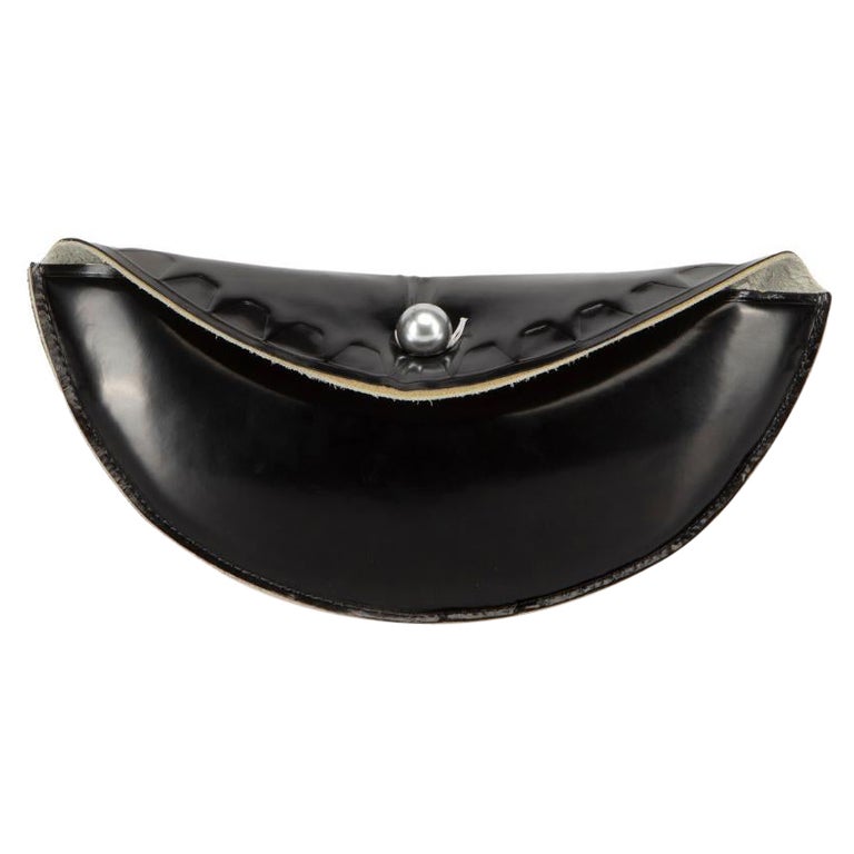 CHANEL VINTAGE BLACK QUILTED SATIN HALF MOON WRISTLET CLUTCH WOOD ACCENT
