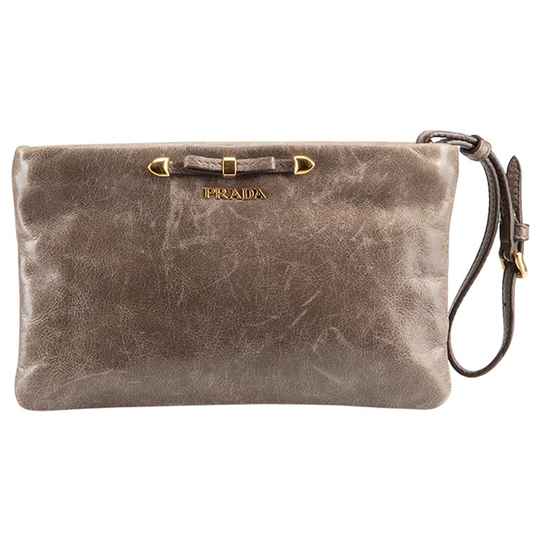 Prada Women's Brown Leather Bow Accent Wristlet Clutch For Sale at 1stDibs