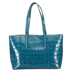 Used Aspinal of London Women's Teal Croc Embossed Leather Tote