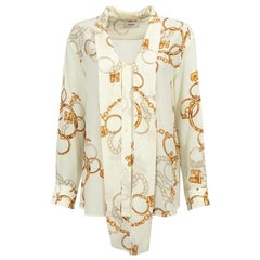Celine Vintage Cream Silk Chain Print Blouse Size M