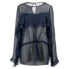 Chloé See by Chloé Navy Sheer Ruffle Trim Long Sleeve Blouse Size XXL