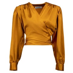 Saint Laurent Vintage Orangefarbene langärmlige Wickelbluse mit Ärmeln Größe M