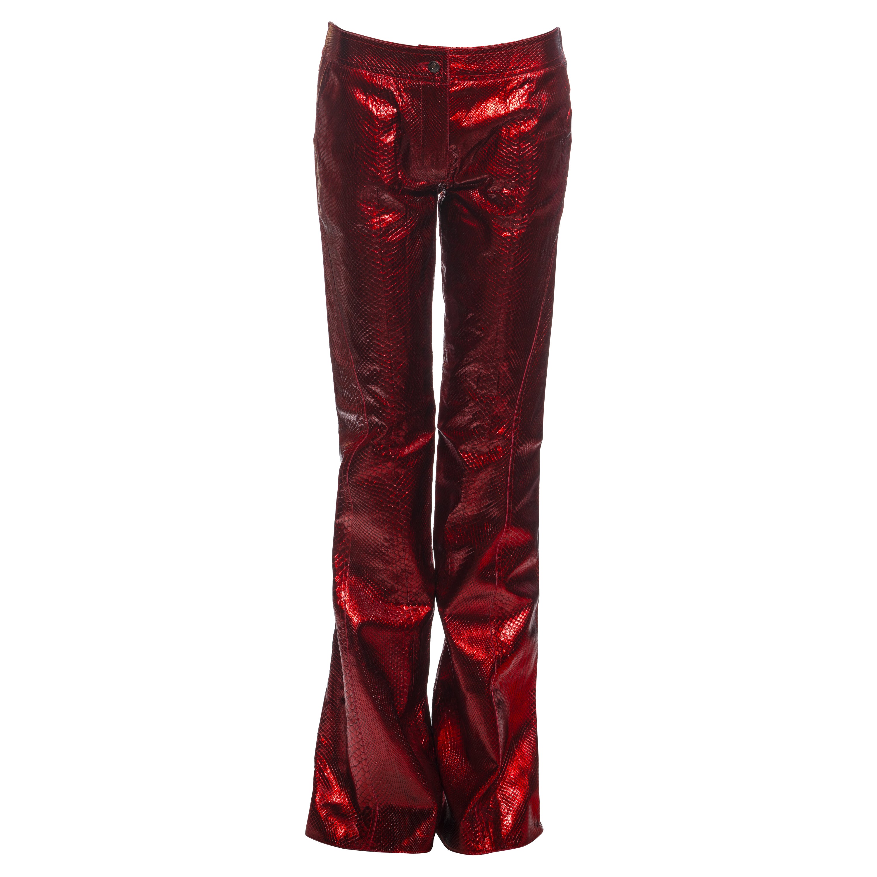 Pantalon évasé en python rouge métallisé Christian Dior by John Galliano, ss 2002 en vente