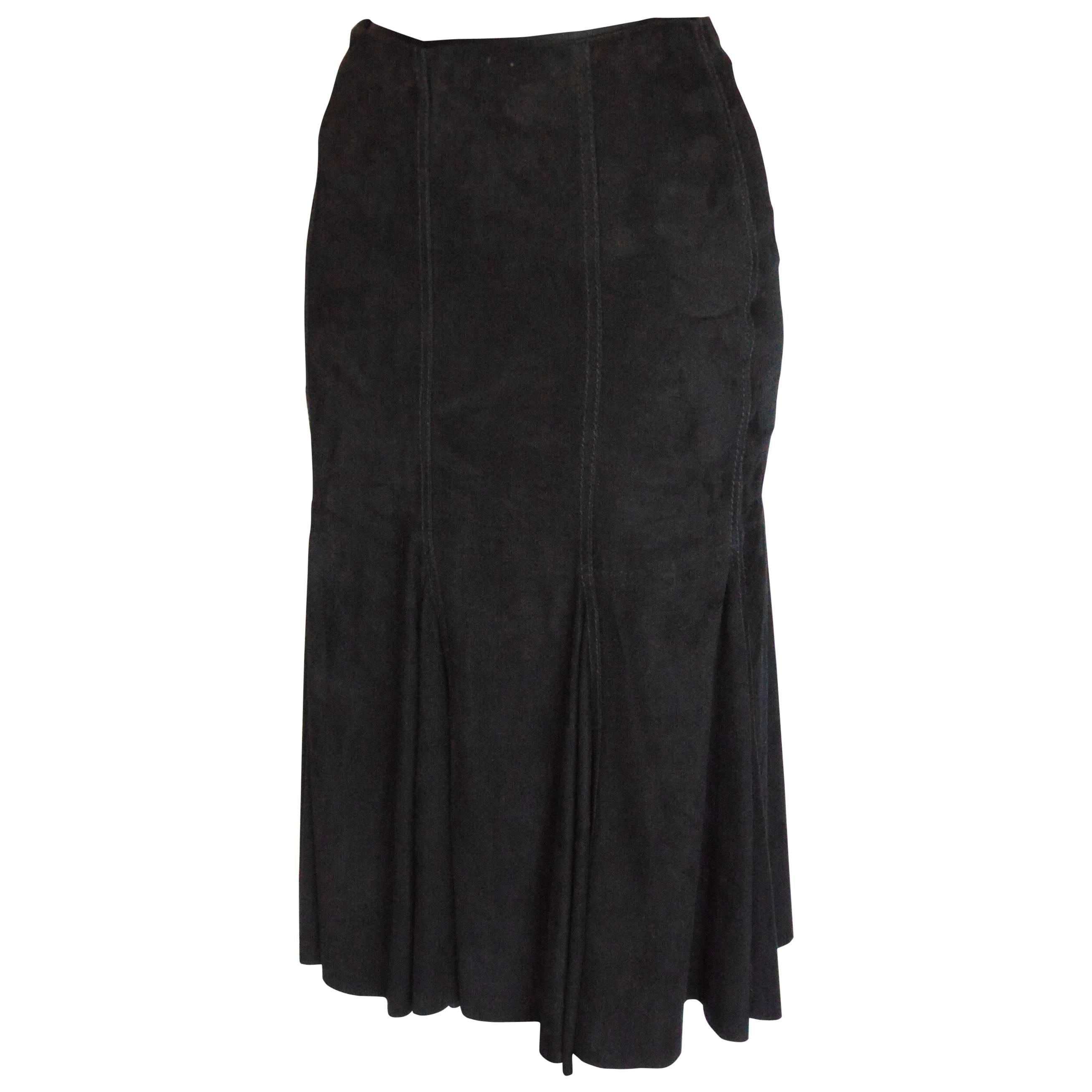 Genny Italy Supple Black Suede Leather Mermaid Skirt 1990s Size S