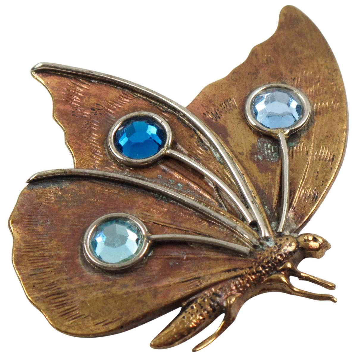 Fabrice Paris Signed Pin Brooch Copper Butterfly with Blue Rhinestone