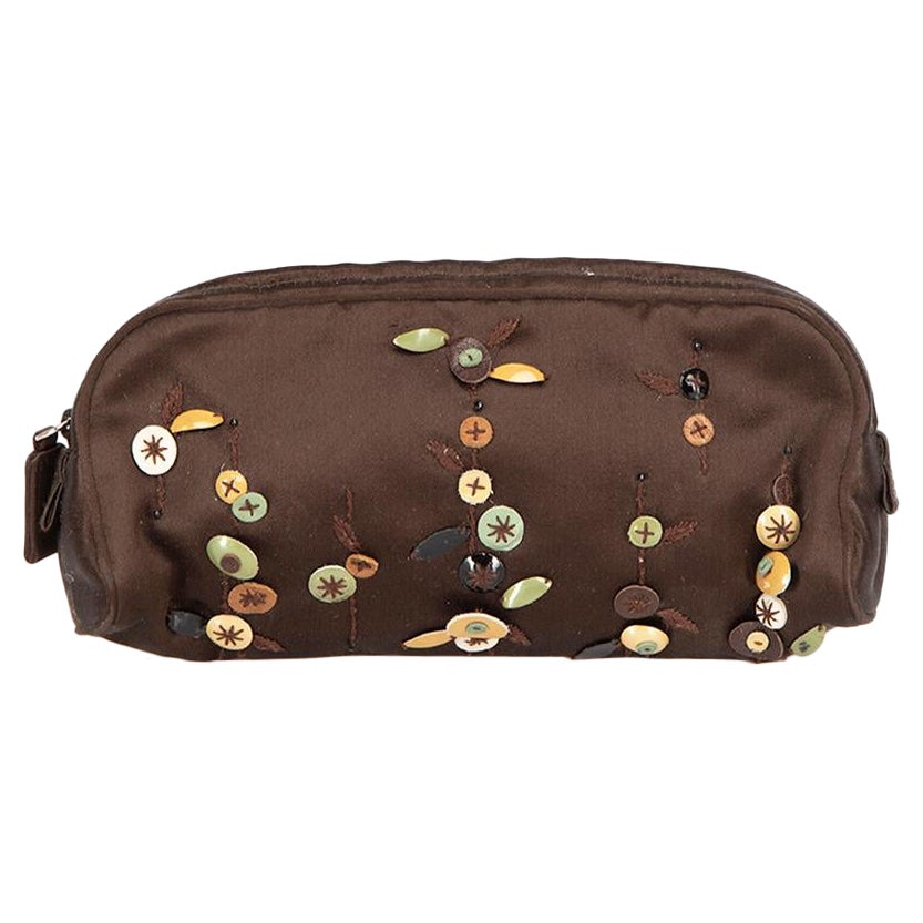 Prada Women's Vintage Brown Satin Embroidered Pouch For Sale