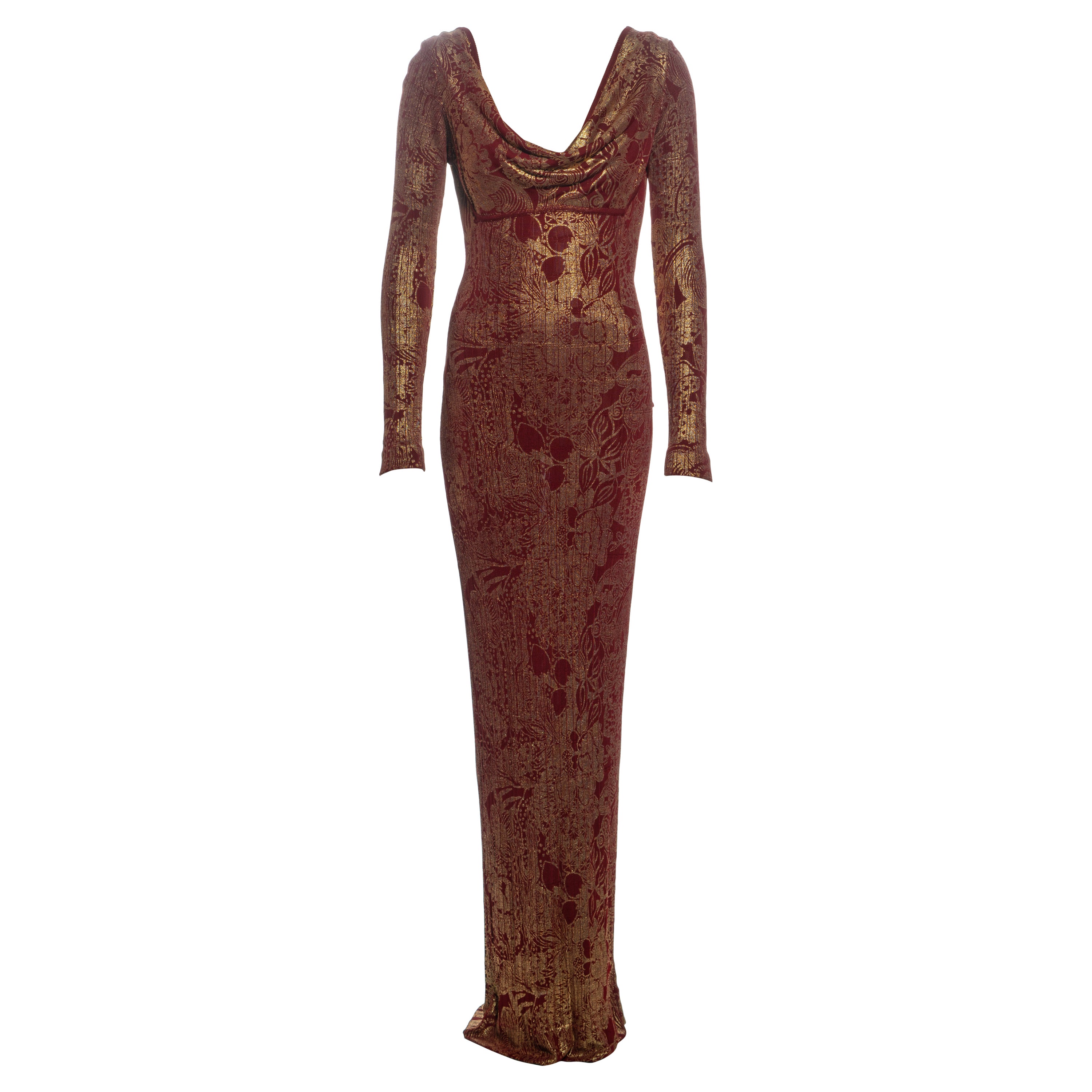 John Galliano Bordeaux Knit Evening Dress with Gold Foil Floral Print, fw 1998 For Sale