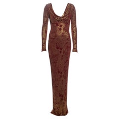 John Galliano Bordeaux Knit Evening Dress with Gold Foil Floral Print, fw 1998