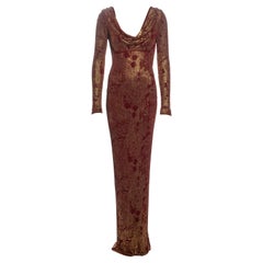 Retro John Galliano Bordeaux Knit Evening Dress with Gold Foil Floral Print, fw 1998