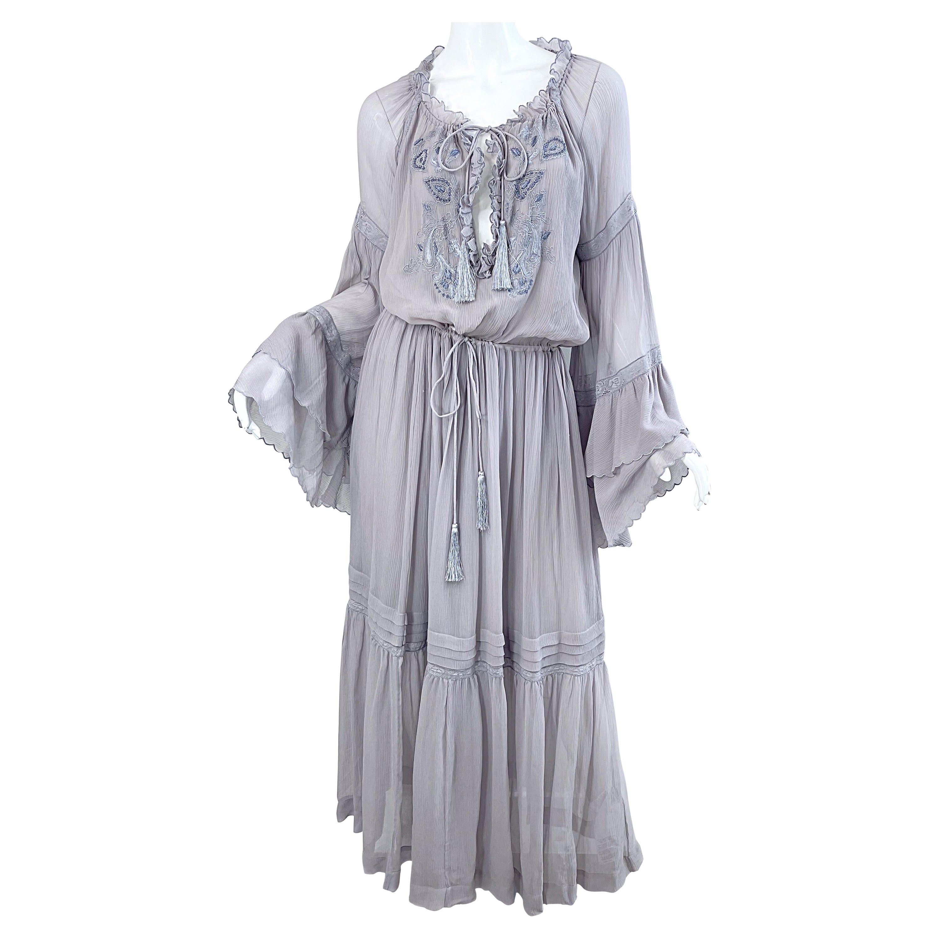 ETRO Resort 2020 Grey Silk Chiffon Gauze 70s Boho Style Bell Sleeve Maxi Dress For Sale