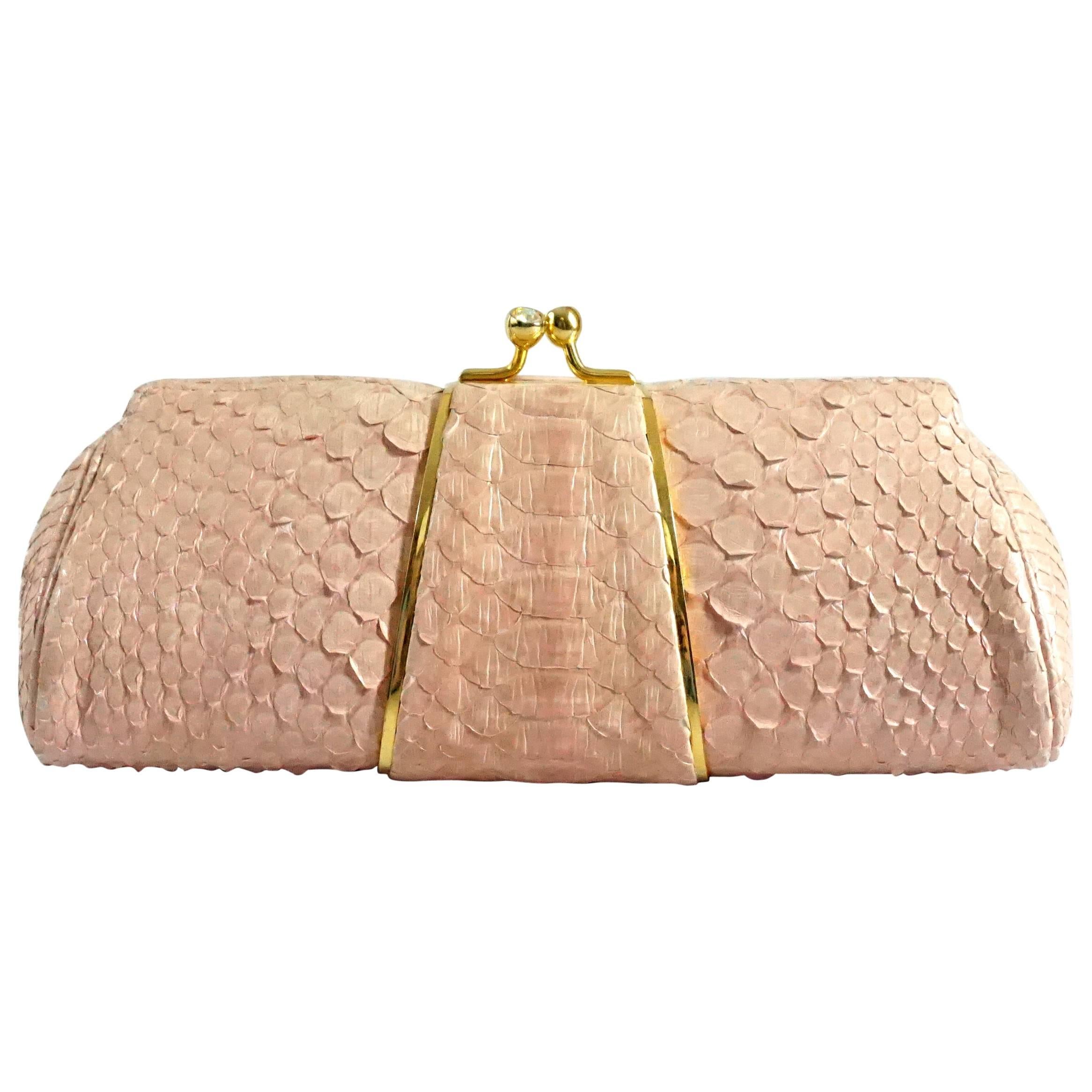 Judith Leiber Pink Snakeskin Handbag-GHW