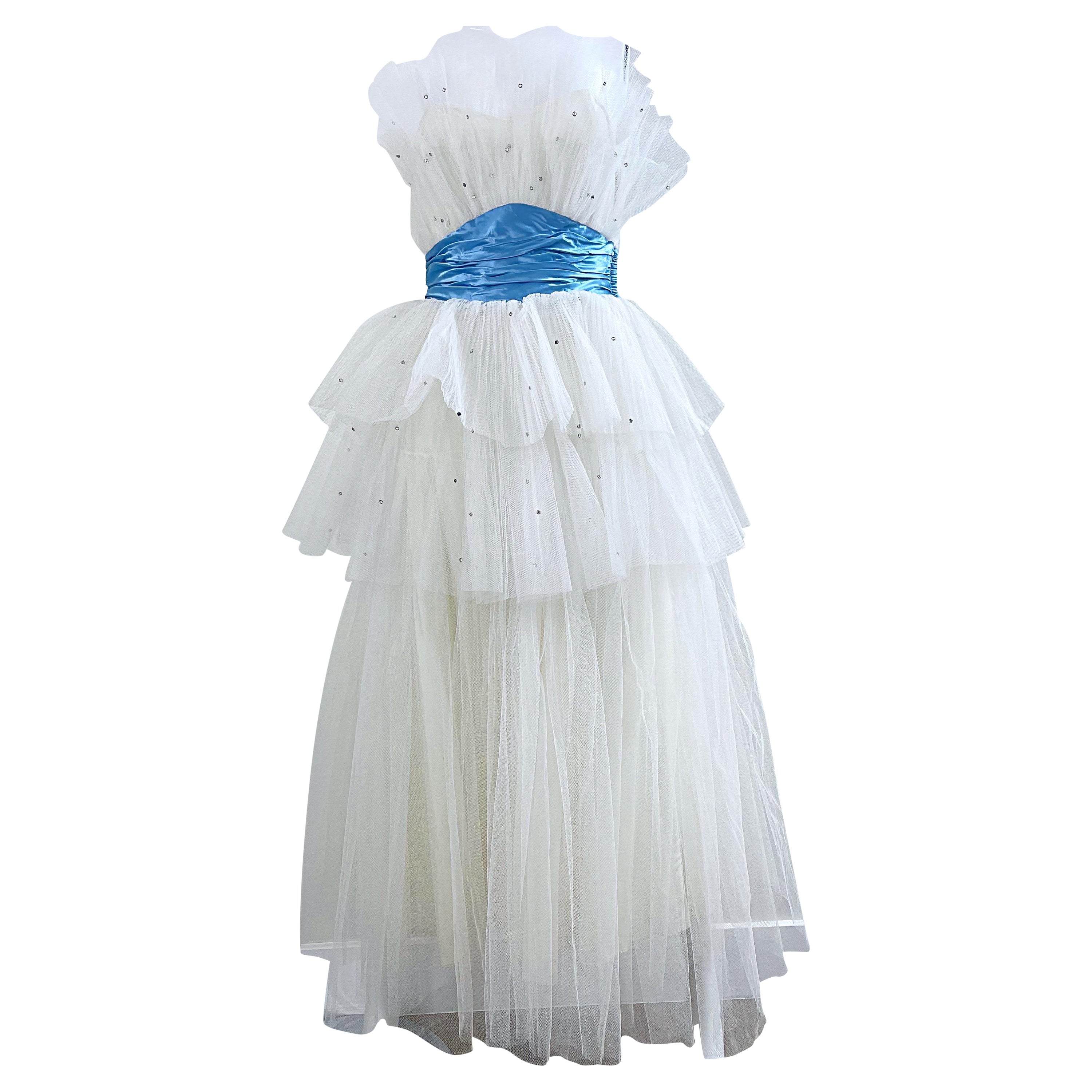 1950s Fred Perlberg Size 0 XS White Blue Rhinestone Tulle Vintage 50s Gown Dress For Sale