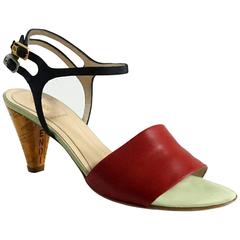 Fendi Black and Red Ankle Strap Sandal w/ Laquer Cork Heel-36.5 7